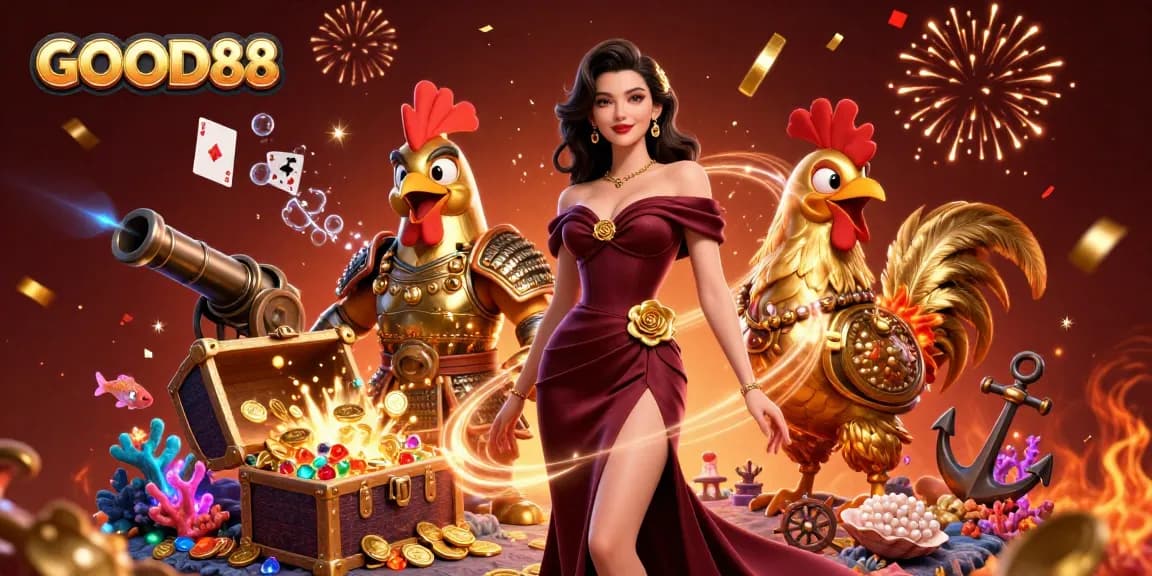 Engage in exciting gaming experiences at GOOD88 featuring glamorous characters and vibrant casino elements.