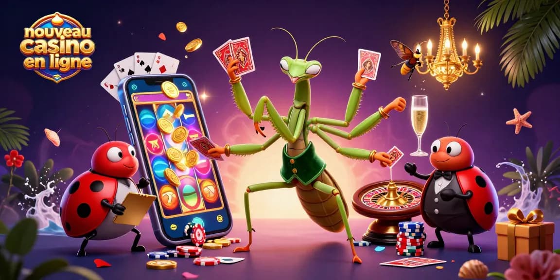 Découvrez le nouveau casino en ligne avec une illustration dynamique de jeux captivants et personnages interactifs.