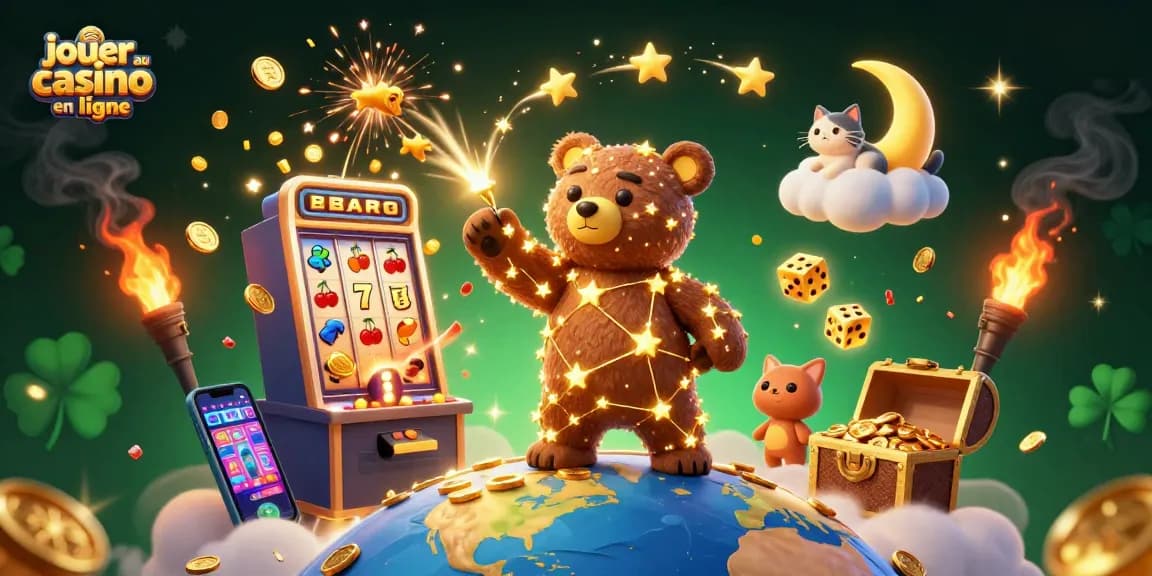 Jouez au casino en ligne avec une scène magique remplie de lumières et de symboles gagnants.