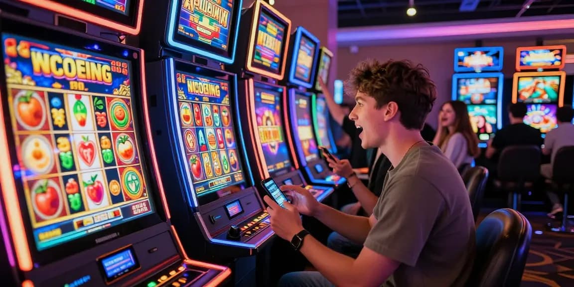 Engaged gambler playing a slot online with vibrant lights and excitement in the background.