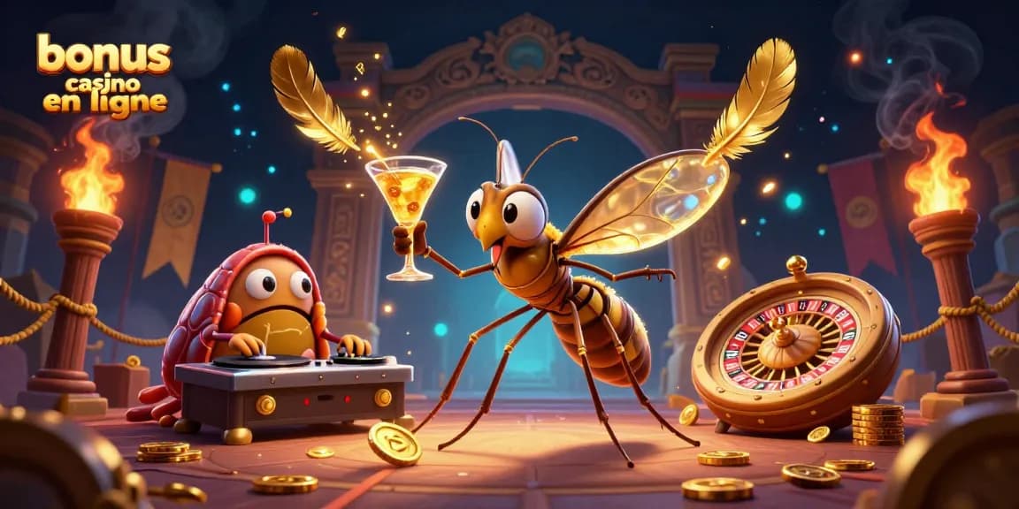 Bonus casino en ligne avec des personnages 3D dans une scène dynamique de jeu.