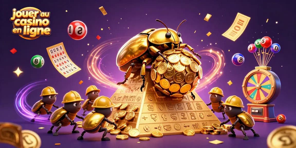 jouer au casino en ligne avec un scarabée doré et des symboles de jeux dans un décor dynamique