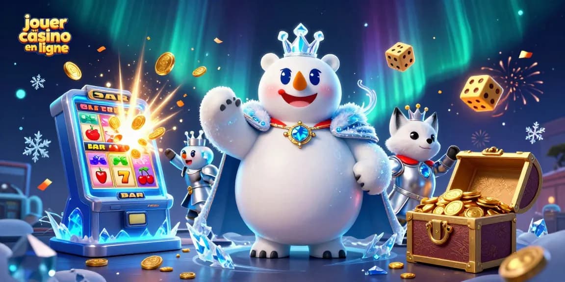 Jouer au casino en ligne avec l'ours roi de glace et des symboles de jackpots éclatants autour