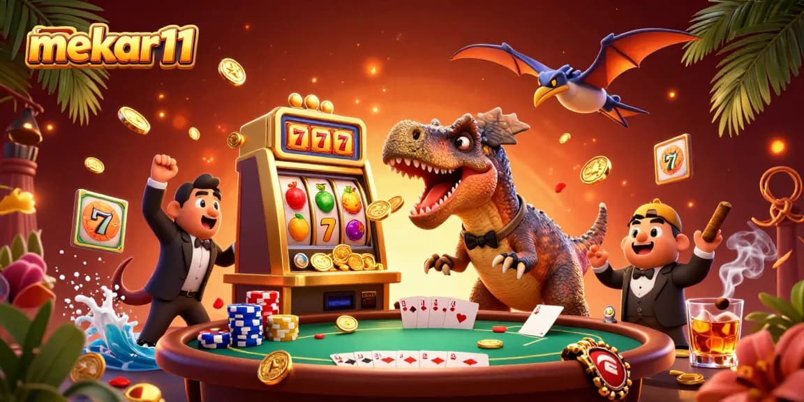 Mekar11 showcases a joyful pachycephalosaurus hitting a golden slot machine as coins fly around in a lively casino scene.