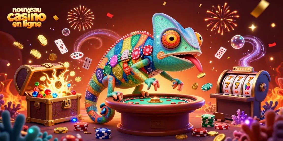Illustration dynamique d'un nouveau casino en ligne avec un caméléon 3D et des éléments de jeu colorés.