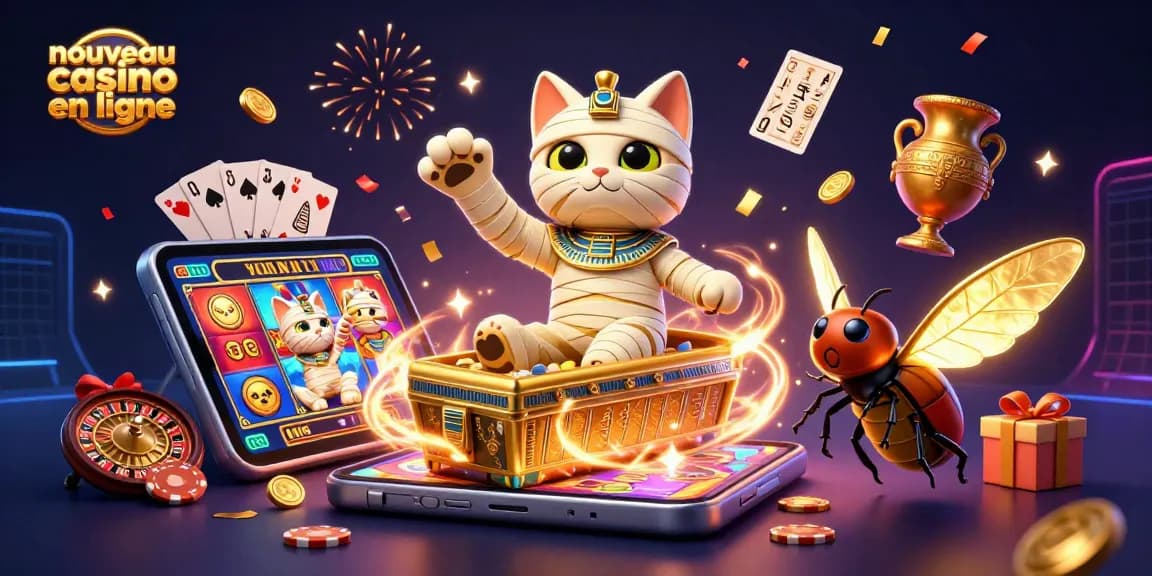 Jouez dans un nouveau casino en ligne avec une illustration spectaculaire mettant en avant une momie égyptienne et un scarabée.