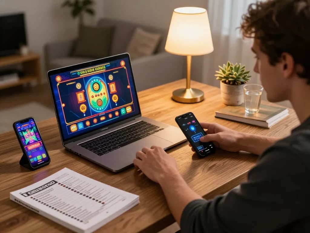 Engaging online gameplay with slot77 on a laptop, featuring strategic notes and mobile gaming.