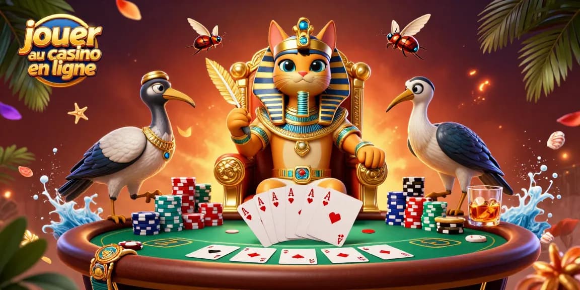 Jouer au casino en ligne avec un chat pharaon égyptien et des éléments de poker dynamiques.