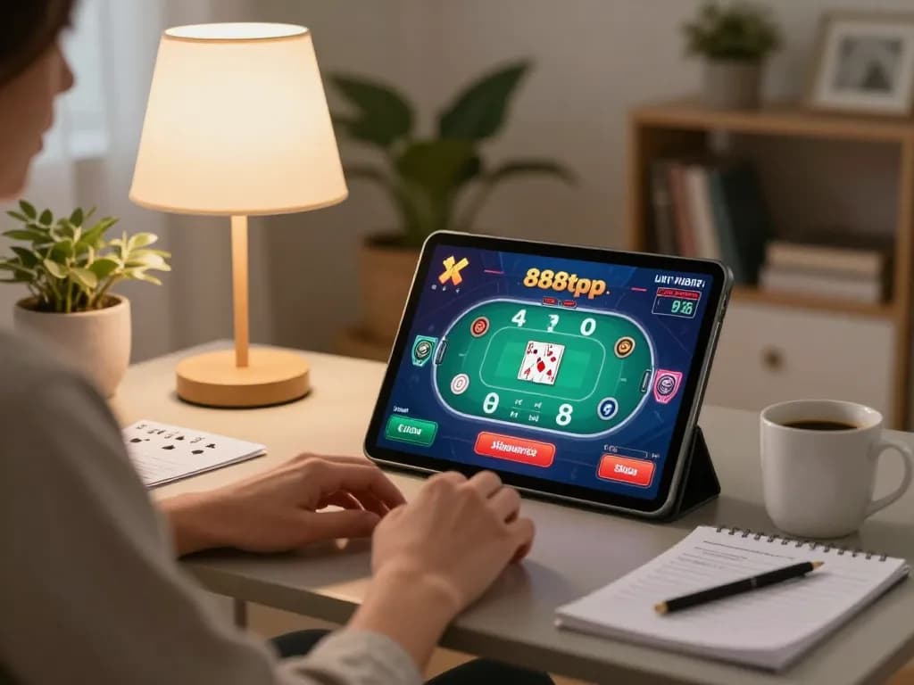 Engaged user playing poker on 888top tablet in a cozy living room, illustrating online gambling.
