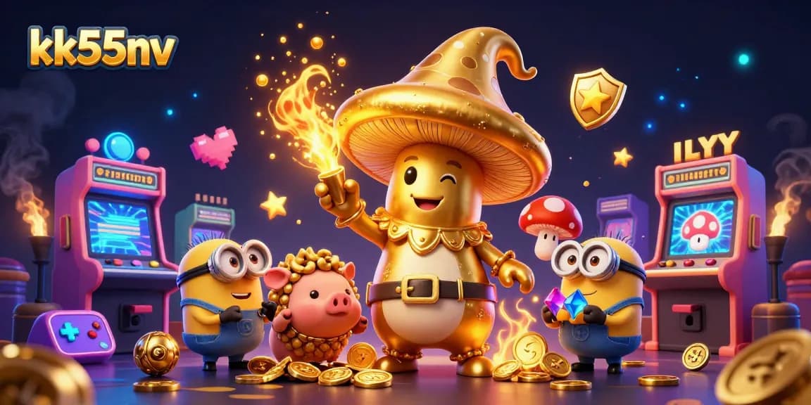 Engage in the magic of kk55nv with a golden mushroom wizard and treasure-hunting pig in a vibrant casino scene.