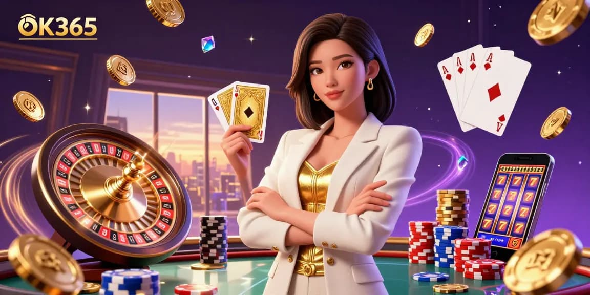 Experience the excitement of OK365 casino with the elegant woman holding golden cards amid cascading casino elements.