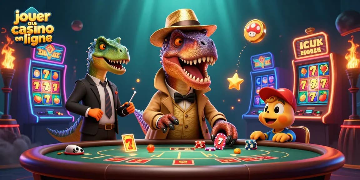 Jouer au casino en ligne avec un velociraptor cartomancien et un pit boss stégosaure dans une illustration 3D magique.