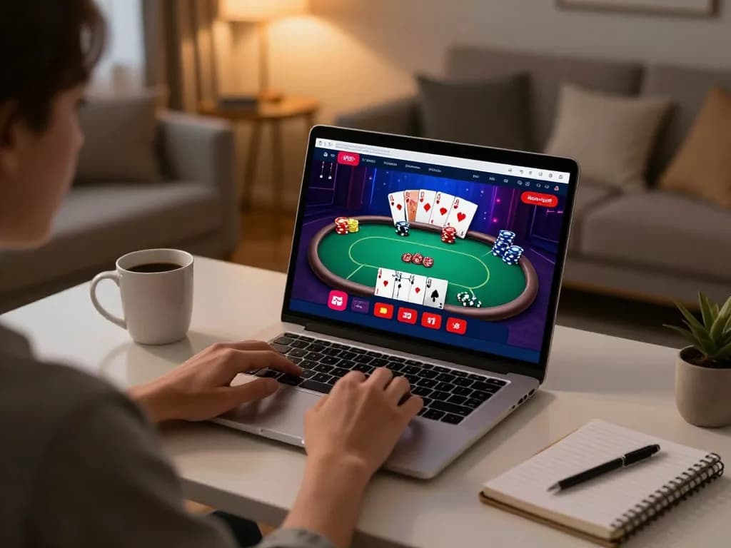 Player engaging with dh88vip online casino platform on a laptop, showcasing poker gameplay and strategic planning.