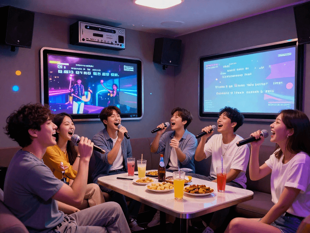 강남 달토 가라오케에서 친구들이 즐겁게 노래 부르고 있는 장면