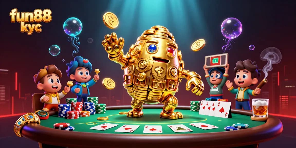 Chơi fun88 kyc với golem vàng và bàn poker trong không gian sôi động