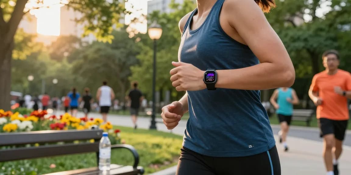 Monitoring kesehatan dengan smartwatch Fitbit Luxe dari https://www.polarfitbitshop.com/fitbit-luxe/ saat berlari di taman kota yang cerah.