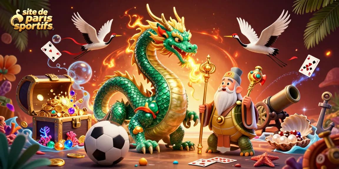 Pariez sur le site de paris sportifs avec une dragon émeraude au milieu d'une scène dynamique