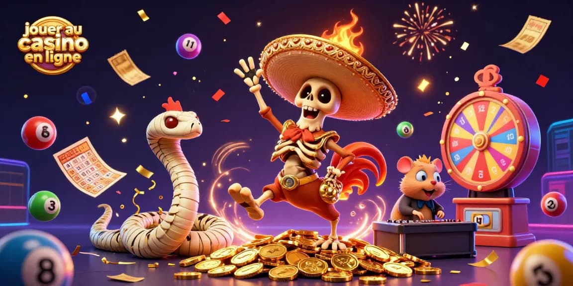 Vivez l'excitation de jouer au casino en ligne avec une illustration dynamique de personnages lumineux et d'éléments de jeu.