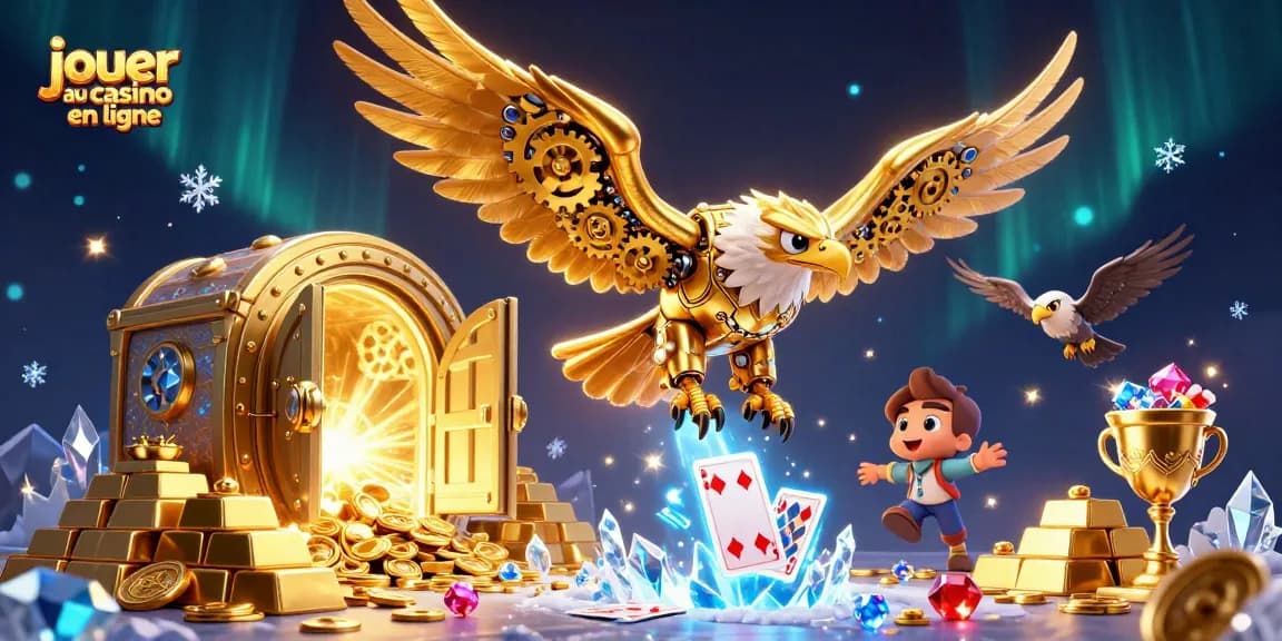 Jouer au casino en ligne avec un aigle cybernétique, cartes holographiques et un trésor éblouissant.