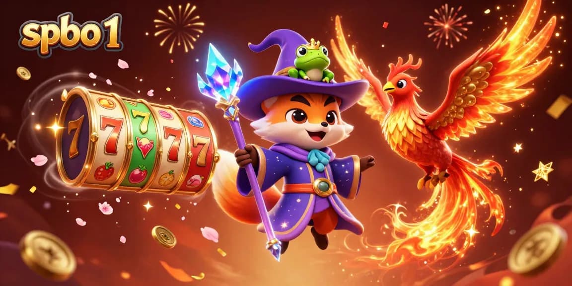 Experience the magic of spbo 1 with a wizard fox, phoenix, and vibrant casino elements.