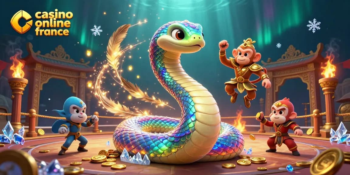 Plongez dans l'univers des jeux avec le casino en ligne en France, serpent coloré, et roi singe dynamique.