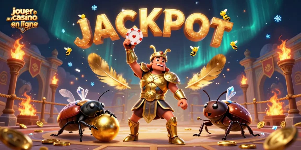 Jouez au casino en ligne avec le scarabée hercule en armure dorée et le jackpot en feu.