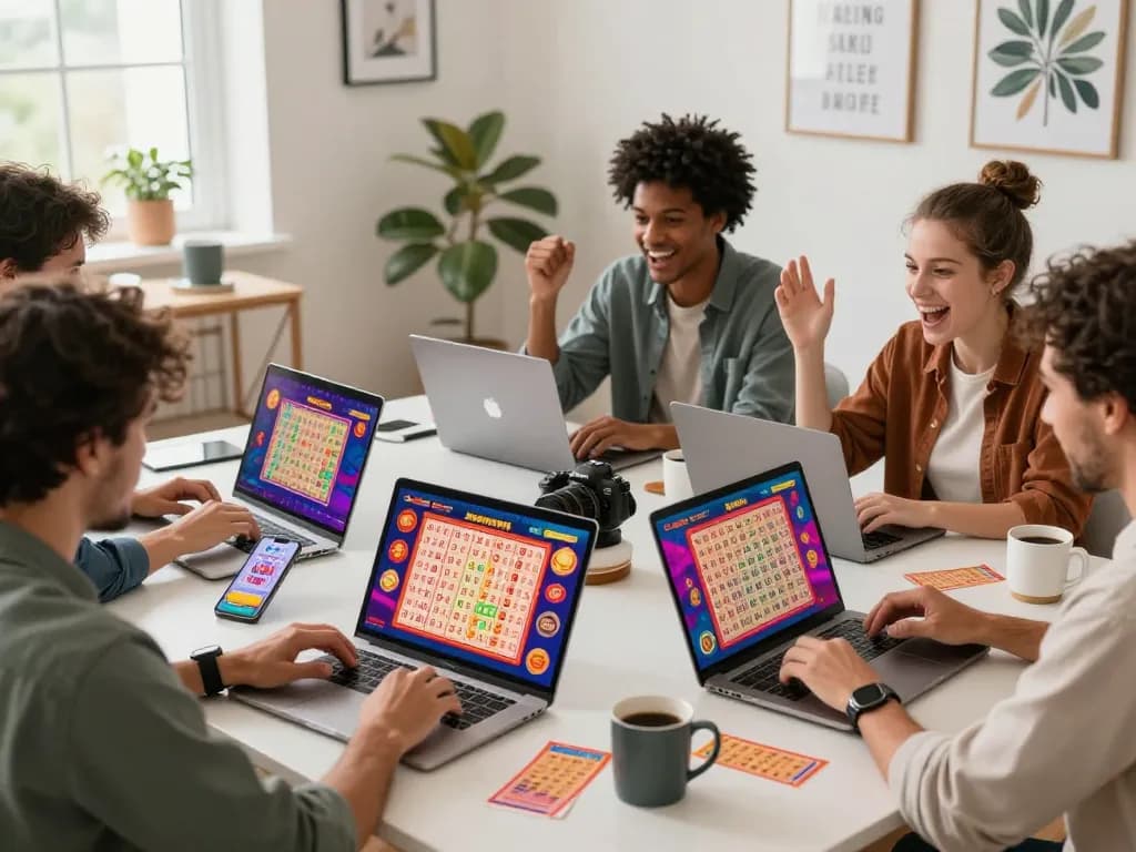 Players engaging in HK lottery online, showcasing excitement in a bright home office.
