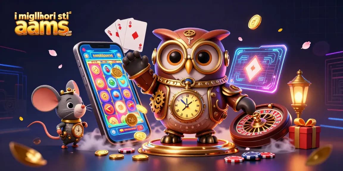 Scopri i migliori siti di scommesse non AAMS con un gufo steampunk e un topo in un'atmosfera di casinò.