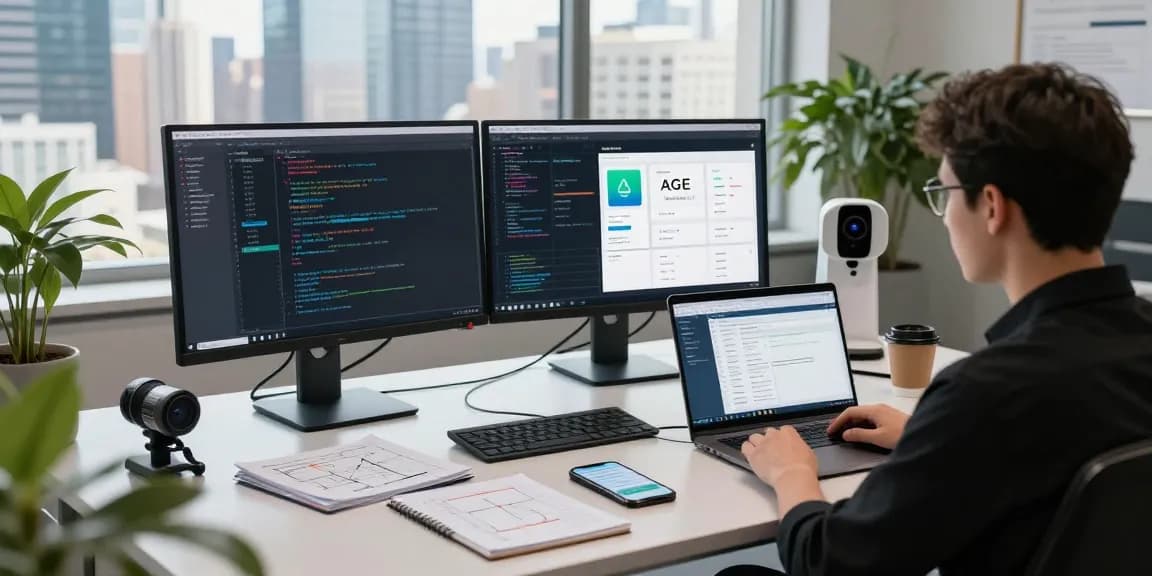 Developer working on an age verification system in a modern office setting