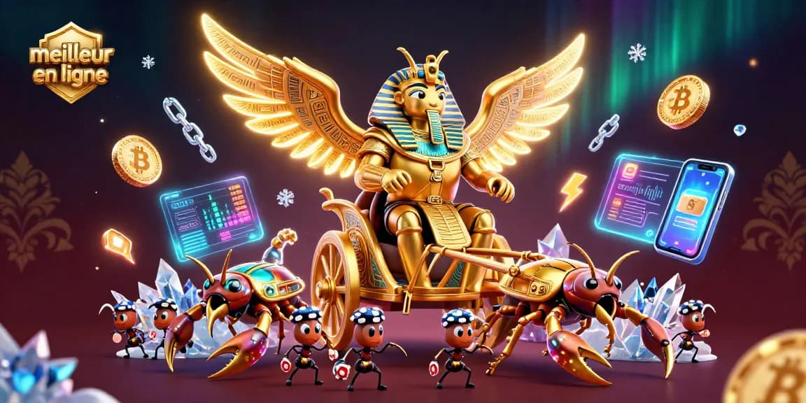 Illustration dynamique du meilleur casino en ligne avec un scarabée doré et des éléments de jeu crypto.