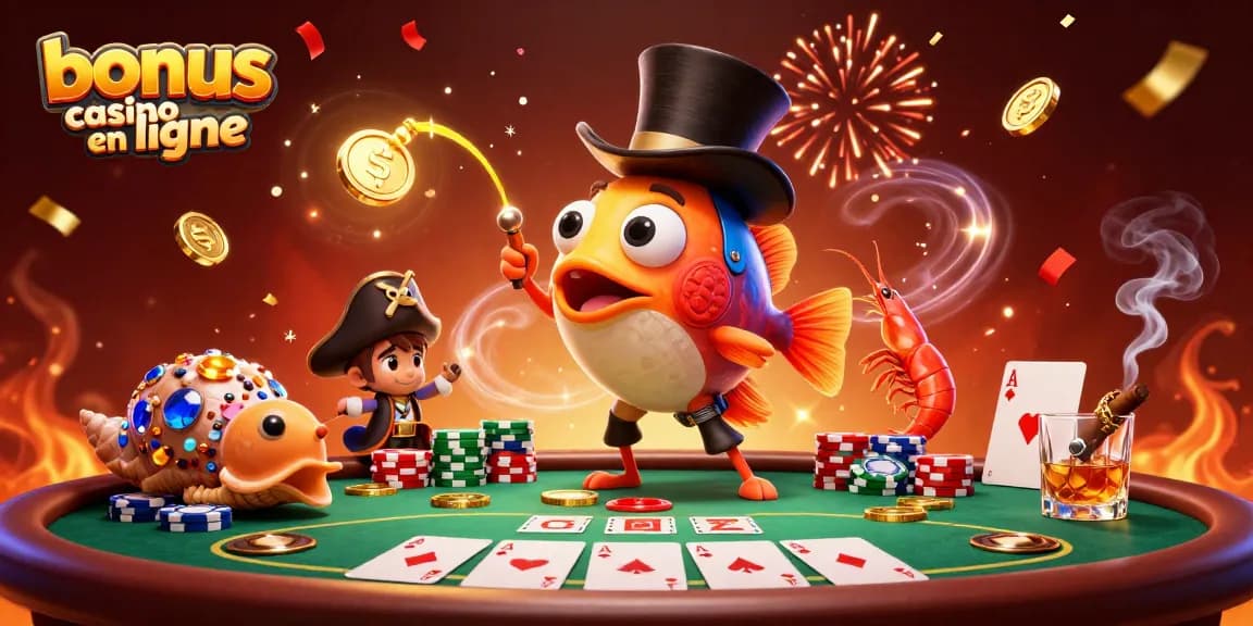 Illustration 3D animée de bonus casino en ligne avec des personnages marins jouant au poker.