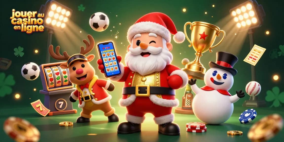 Jouer au casino en ligne avec un Père Noël amical et un renne, entourés d'éléments de jeu.