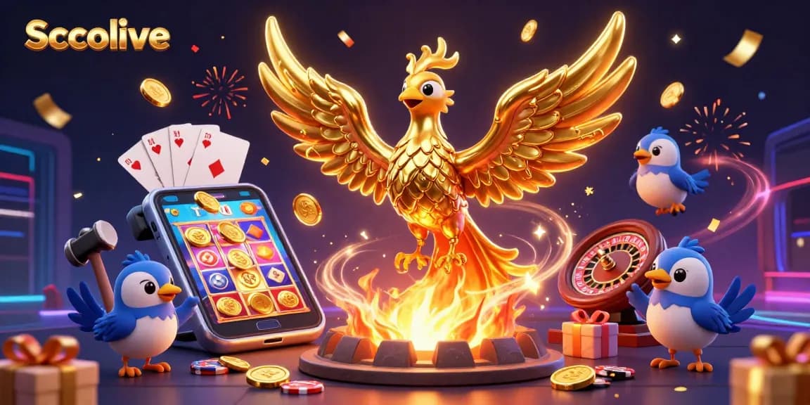 Socolive engages players with a vibrant scene of golden phoenix and cartoon elements in a dynamic casino atmosphere.