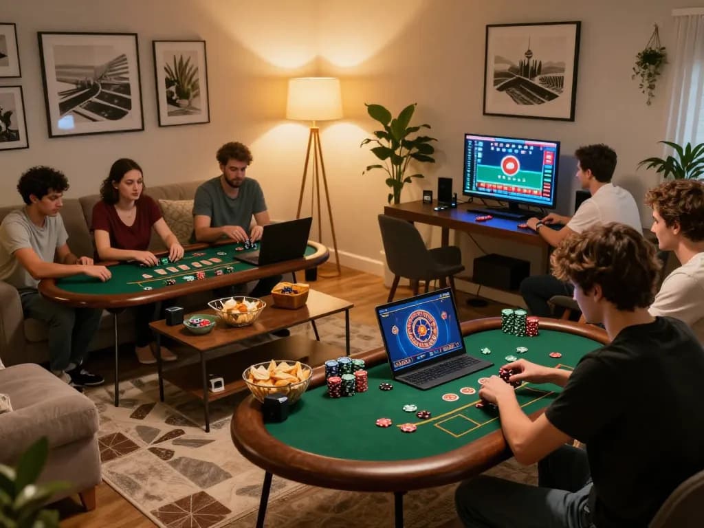 Engaging gameplay at onbet online casino with players enjoying poker and roulette in a cozy home setting.