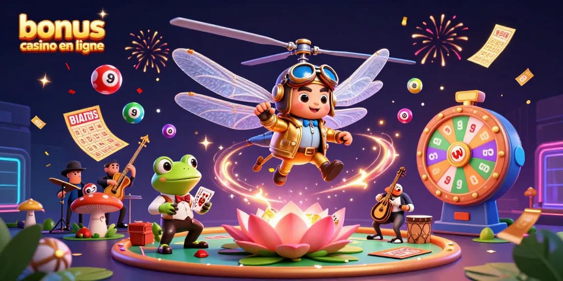 Obtenez des gains avec le bonus casino en ligne, avec des bulles colorées et un croupier grenouille aux cartes.