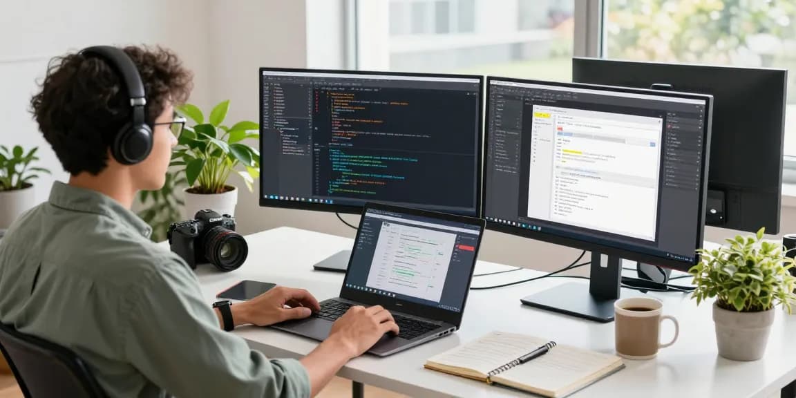 A modern tech workspace featuring multiple monitors and a relaxed atmosphere, focusing on the 纸飞机中文版官网 for optimized development.