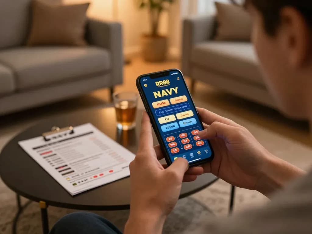 Experience dynamic gaming with RR88 NAVY app on smartphone in a cozy home setting