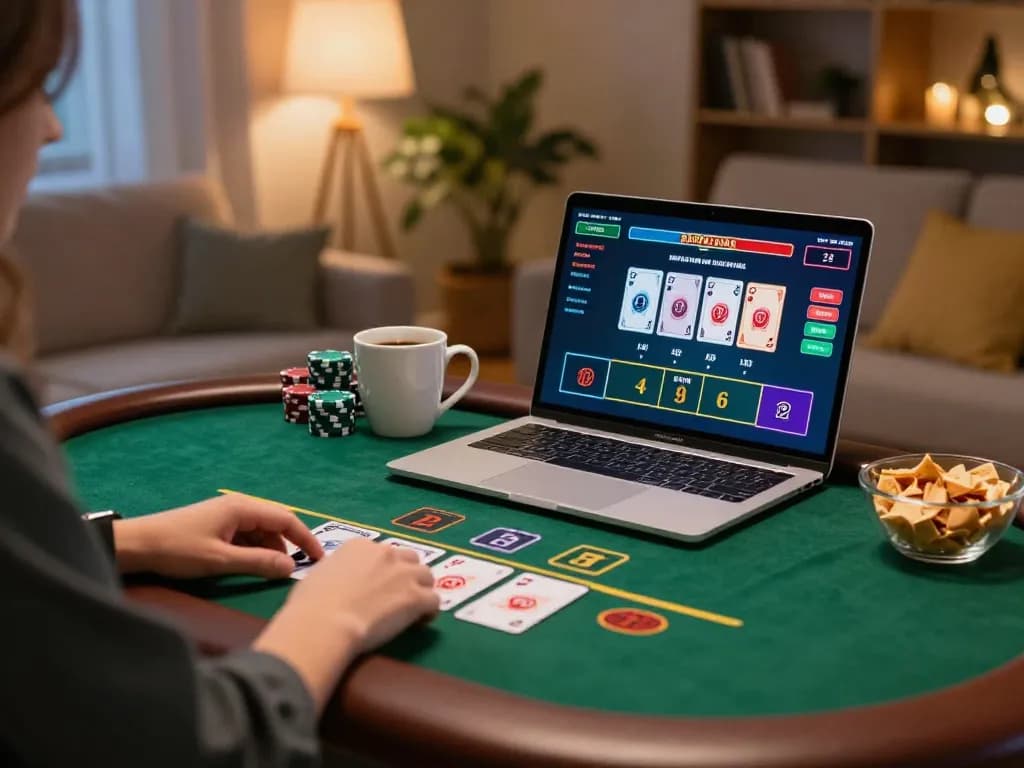 Player enjoying online blackjack at 888new with snacks and laptop in a cozy home setting.