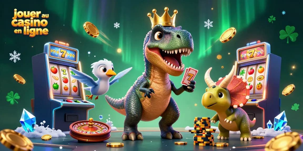 Jouer au casino en ligne avec un T-Rex tentant de mélanger des cartes dans un décor animé.