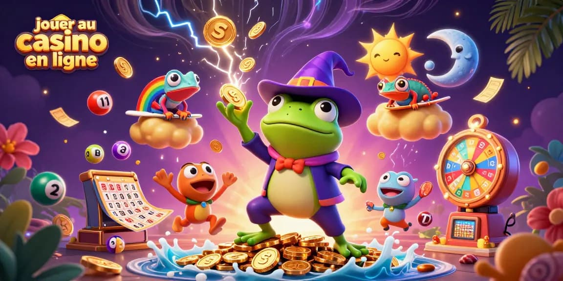 Jouer au casino en ligne avec des personnages magiques créant une tempête de pièces d'or et des éléments de jeu colorés.