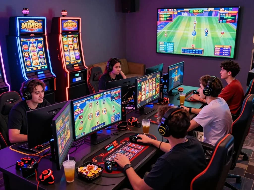 Friends enjoying MM88 online casino games in a vibrant gaming room with colorful lights and snacks.