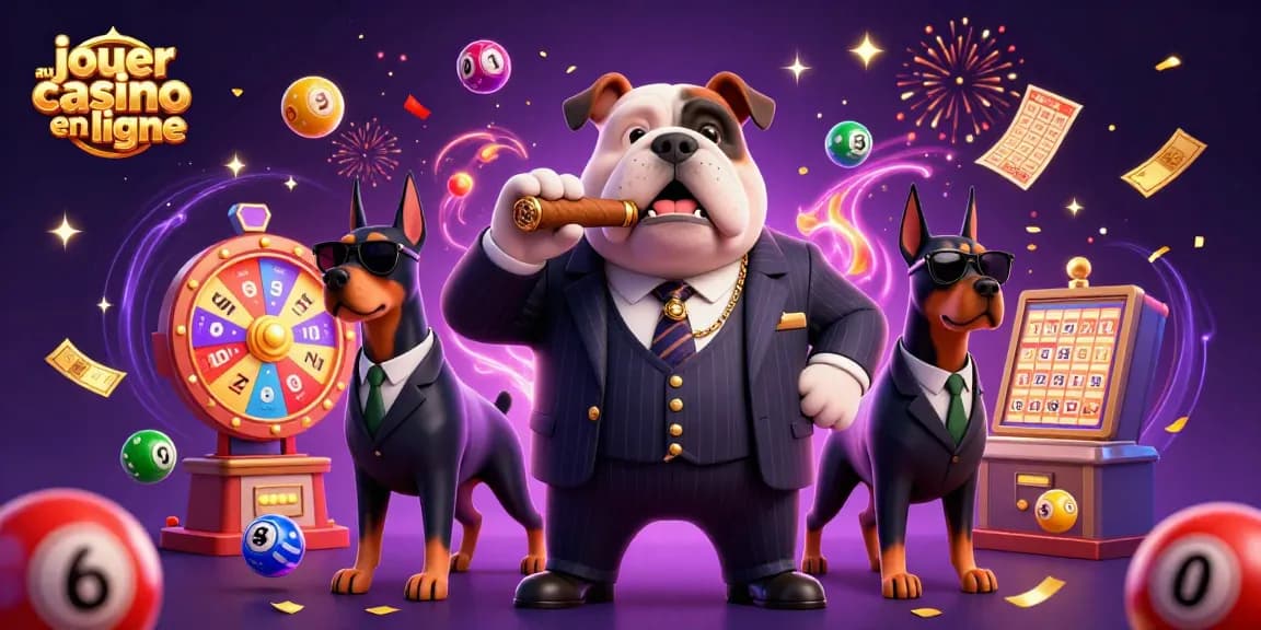 Jouer au casino en ligne avec un bulldog mafieux et ses gardes dans un univers festif de loterie.