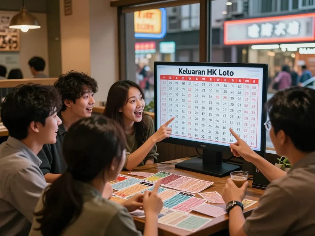 Excited bettors checking HK lotto results in a lively café atmosphere.