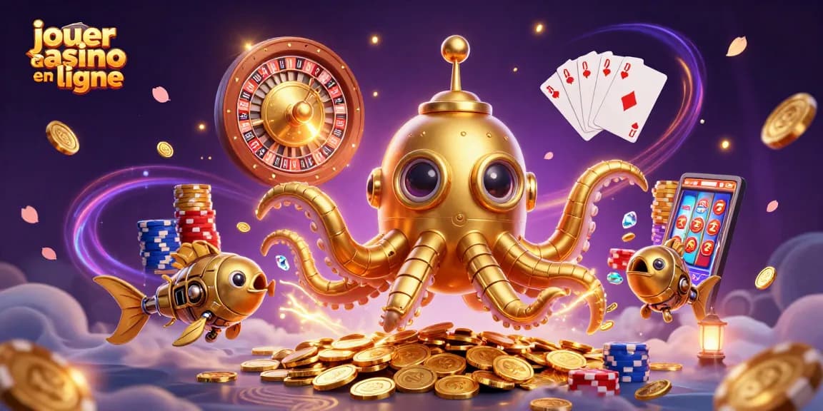 Jouez au casino en ligne avec une illustration dynamique de machines à sous et de jeux de cartes.