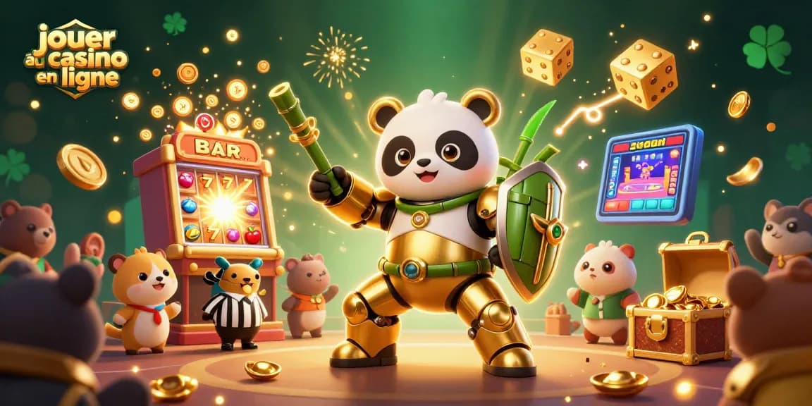 Jouer au casino en ligne avec un panda en mécha entouré de machines à sous et de spectateurs enthousiastes.