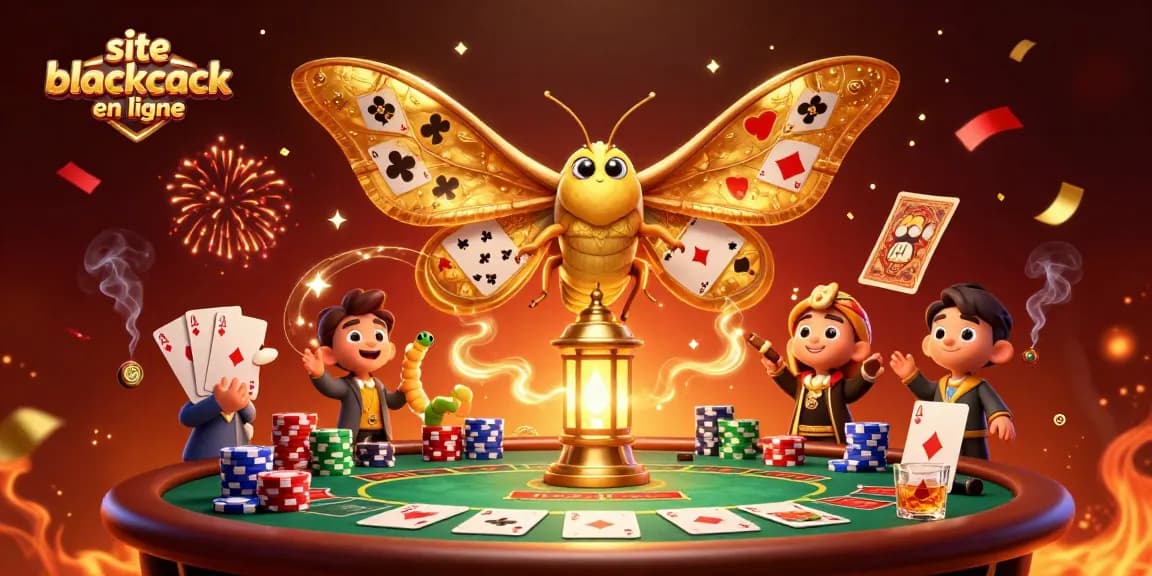 Gagnez au blackjack en ligne sur un site de casino avec une ambiance festive et des éléments de jeu.