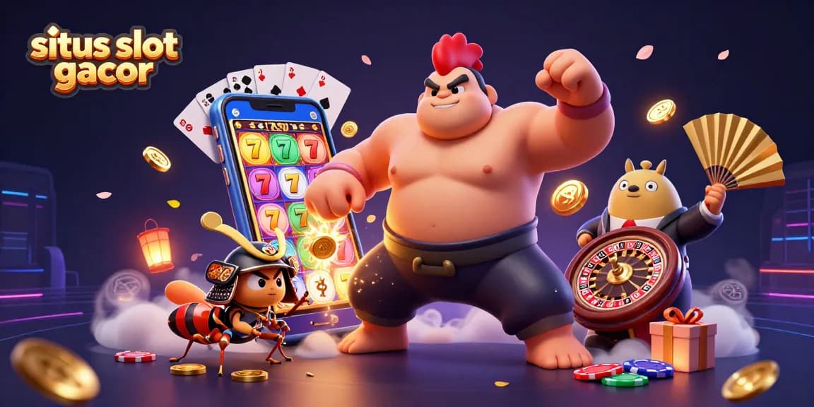 Situs slot gacor showcases an epic clash with a powerful sumo wrestler rooster and a samurai cricket amidst dynamic slot game action