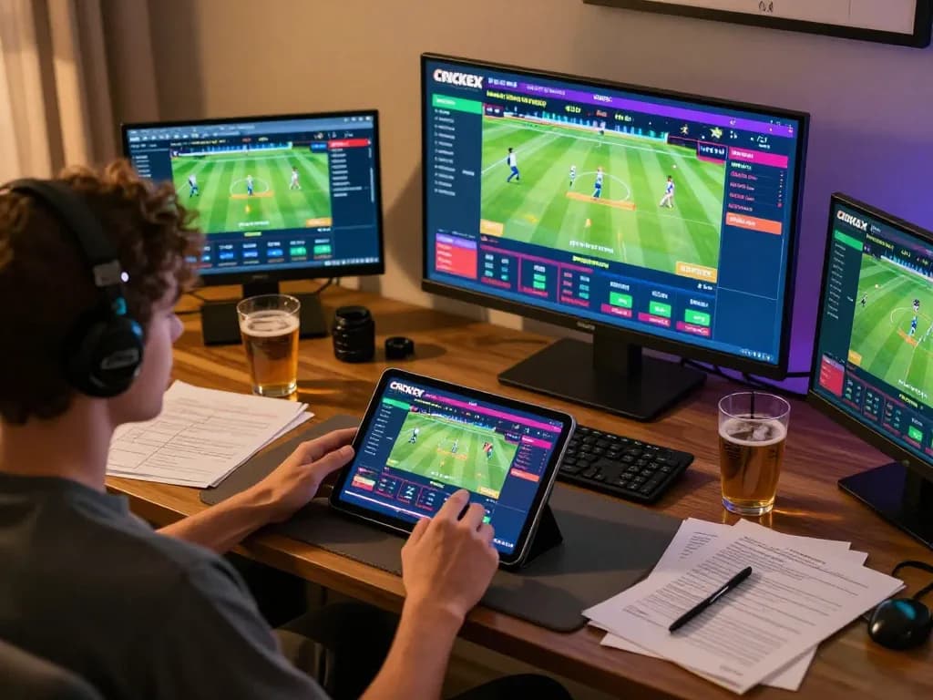 Engaged player exploring Crickex online betting options at home with tablet and cricket matches on display.