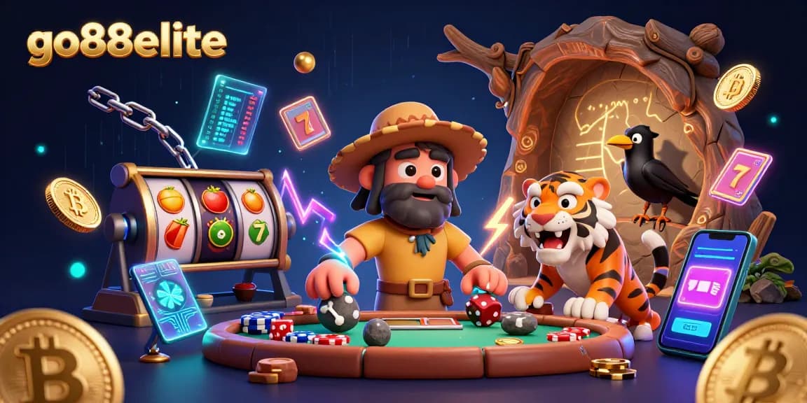 Experience the excitement of go88elite with a vibrant casino scene featuring prehistoric characters and dynamic gambling themes.