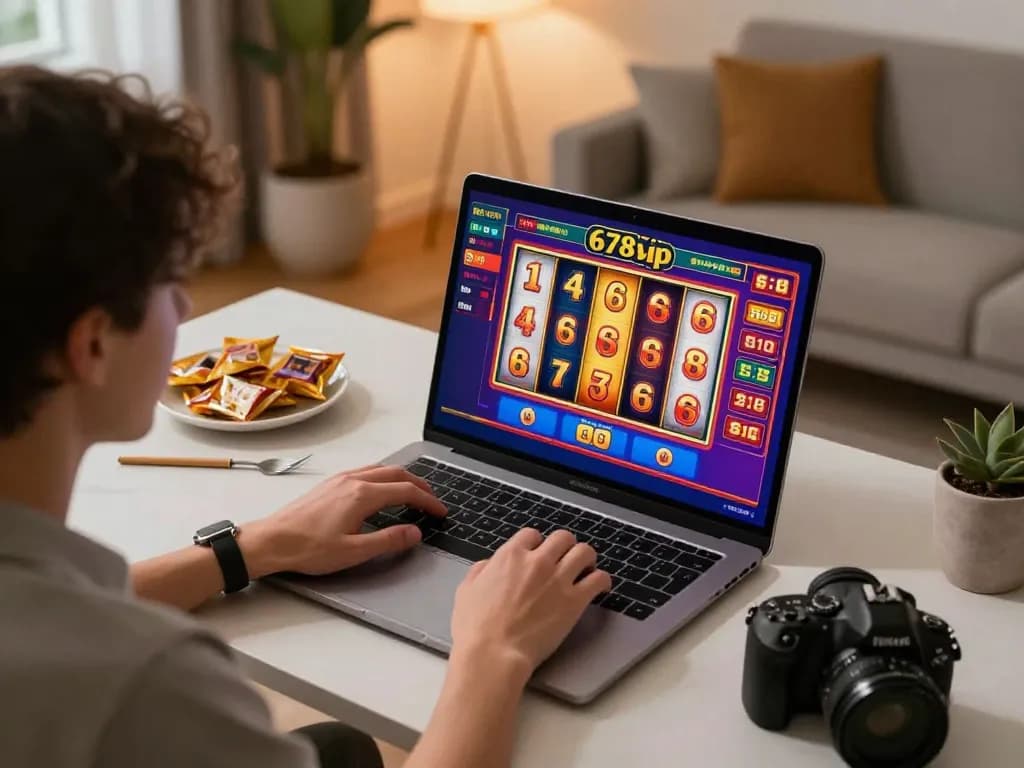 Player enjoying 678vip slots at an inviting home gaming setup, showcasing vibrant screens and cozy decor.